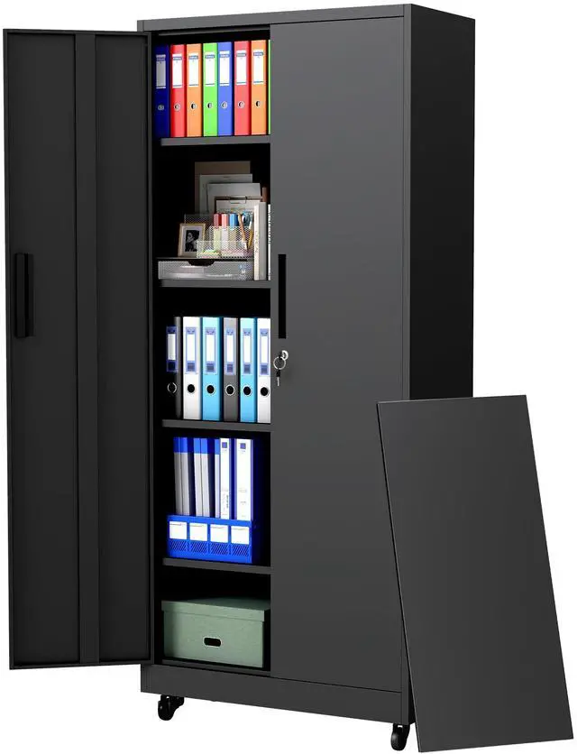Main image of 73" H Metal Cabinet with Wheels, Lockable Storage Cabinet, Black | Cabinets with 2 Doors and 4 Adjustable Shelves, Steel Garage Storage Cabinets for Workshop Home Office, 73"H x 16"D x 32"W