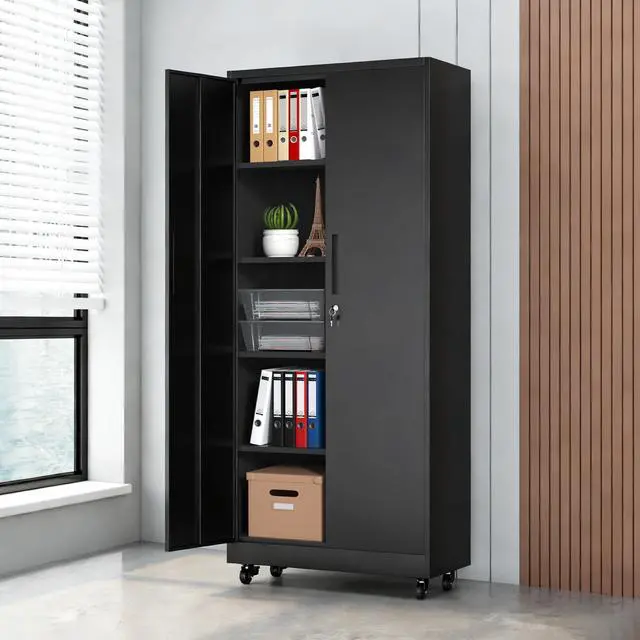 Alt view image 2 of 7 - 73" H Metal Cabinet with Wheels, Lockable Storage Cabinet, Black | Cabinets with 2 Doors and 4 Adjustable Shelves, Steel Garage Storage Cabinets for Workshop Home Office, 73"H x 16"D x 32"W