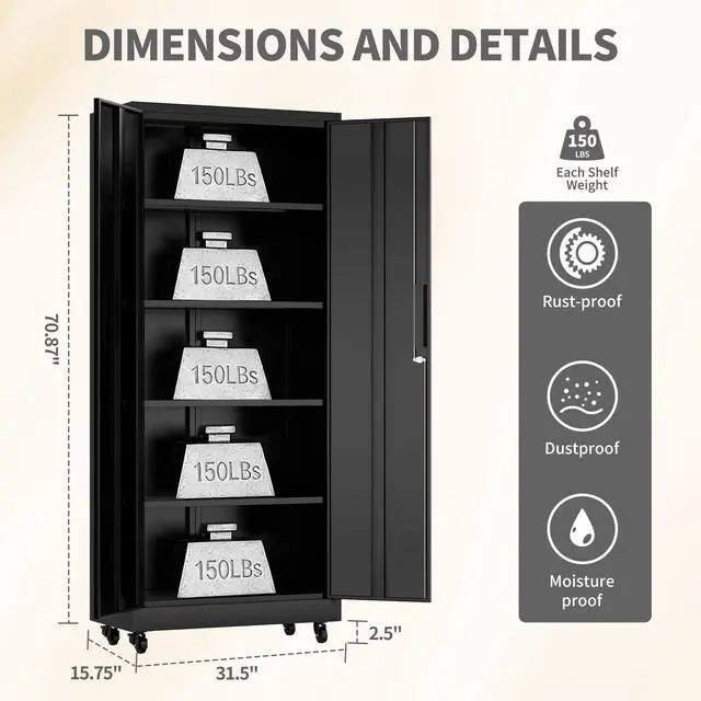 Alt view image 3 of 7 - 73" H Metal Cabinet with Wheels, Lockable Storage Cabinet, Black | Cabinets with 2 Doors and 4 Adjustable Shelves, Steel Garage Storage Cabinets for Workshop Home Office, 73"H x 16"D x 32"W