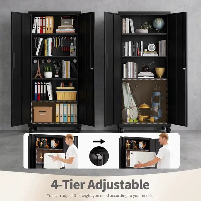 Alt view image 5 of 7 - 73" H Metal Cabinet with Wheels, Lockable Storage Cabinet, Black | Cabinets with 2 Doors and 4 Adjustable Shelves, Steel Garage Storage Cabinets for Workshop Home Office, 73"H x 16"D x 32"W