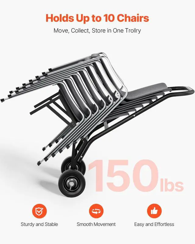 Alt view image 2 of 7 - Folding Chair Rack, 150 LBS Capacity, Heavy-Duty Chair Cart for Stacking 10 Chairs, Multi-Function Metal Chair Storage Dolly with Rubber Wheels, Push-Style Chair Holder, Matte Black