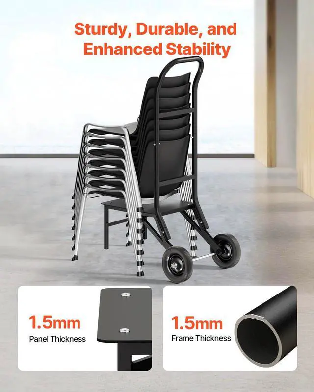 Alt view image 3 of 7 - Folding Chair Rack, 150 LBS Capacity, Heavy-Duty Chair Cart for Stacking 10 Chairs, Multi-Function Metal Chair Storage Dolly with Rubber Wheels, Push-Style Chair Holder, Matte Black