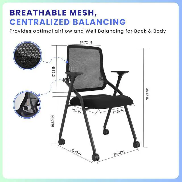Alt view image 3 of 7 - PRO, Stackable & Foldable Conference Room Chairs with 2X Thick Cushion, Lumbar Support, Armrest - Mesh Bouncing Back for Office Meeting, Conference, Training Room Chair 1 Pack