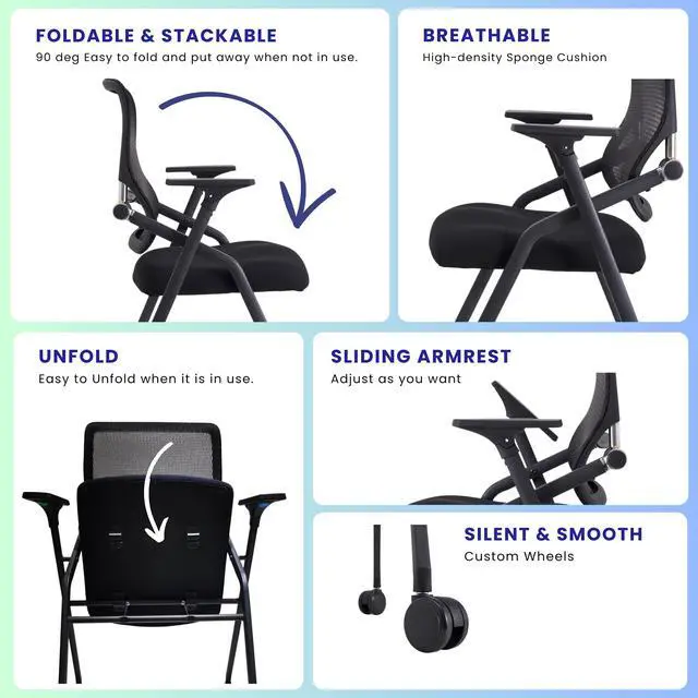Alt view image 4 of 7 - PRO, Stackable & Foldable Conference Room Chairs with 2X Thick Cushion, Lumbar Support, Armrest - Mesh Bouncing Back for Office Meeting, Conference, Training Room Chair 1 Pack