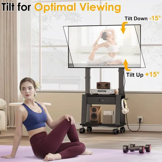 Alt view image 2 of 7 - Mobile TV Stand with Drawer for 23-72 Inch TVs, Portable Rolling TV Stand on Wheels with 2 Shelves for Bedroom/Living Room, Holds up to 220 lbs Adjustable Height Tilt Max VESA 600x400mm