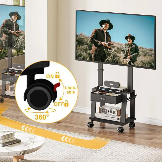 Alt view image 3 of 7 - Mobile TV Stand with Drawer for 23-72 Inch TVs, Portable Rolling TV Stand on Wheels with 2 Shelves for Bedroom/Living Room, Holds up to 220 lbs Adjustable Height Tilt Max VESA 600x400mm