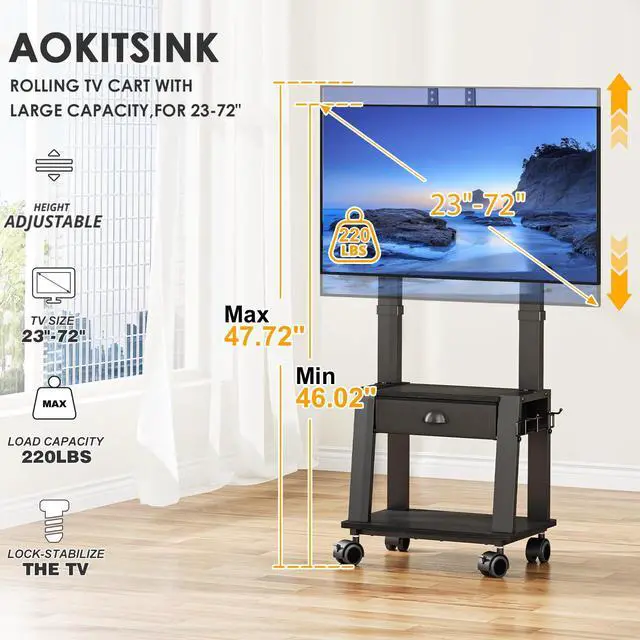Alt view image 4 of 7 - Mobile TV Stand with Drawer for 23-72 Inch TVs, Portable Rolling TV Stand on Wheels with 2 Shelves for Bedroom/Living Room, Holds up to 220 lbs Adjustable Height Tilt Max VESA 600x400mm
