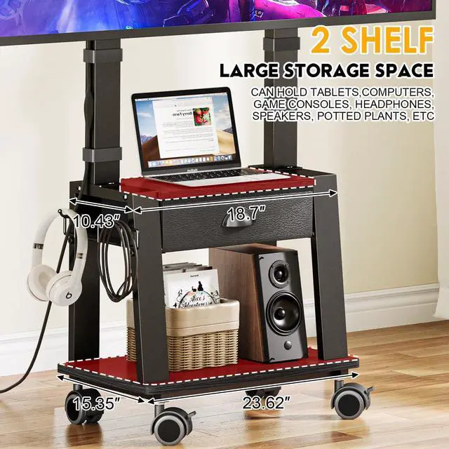 Alt view image 6 of 7 - Mobile TV Stand with Drawer for 23-72 Inch TVs, Portable Rolling TV Stand on Wheels with 2 Shelves for Bedroom/Living Room, Holds up to 220 lbs Adjustable Height Tilt Max VESA 600x400mm