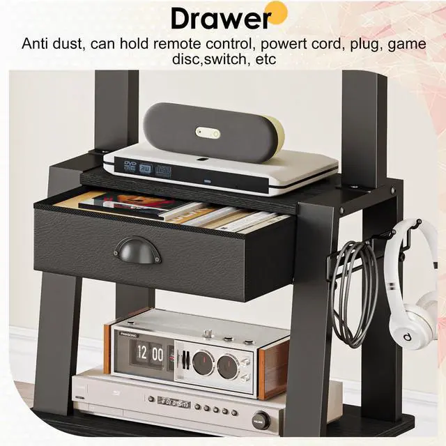 Alt view image 5 of 7 - Mobile TV Stand with Drawer for 23-72 Inch TVs, Portable Rolling TV Stand on Wheels with 2 Shelves for Bedroom/Living Room, Holds up to 220 lbs Adjustable Height Tilt Max VESA 600x400mm