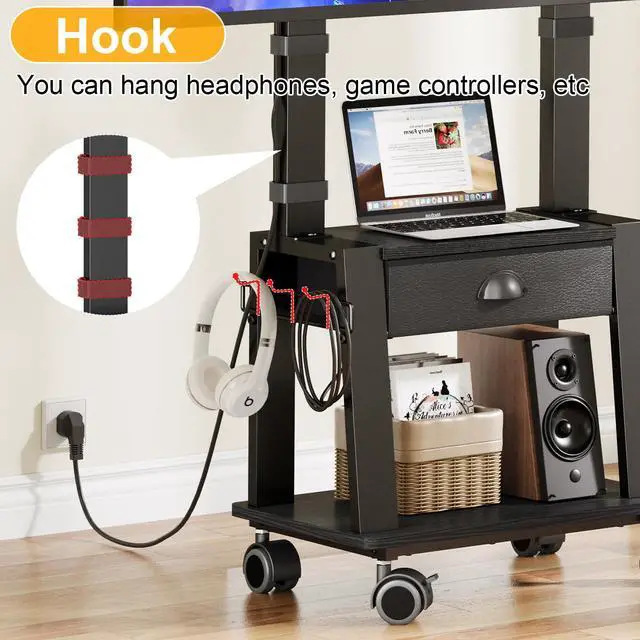 Alt view image 7 of 7 - Mobile TV Stand with Drawer for 23-72 Inch TVs, Portable Rolling TV Stand on Wheels with 2 Shelves for Bedroom/Living Room, Holds up to 220 lbs Adjustable Height Tilt Max VESA 600x400mm