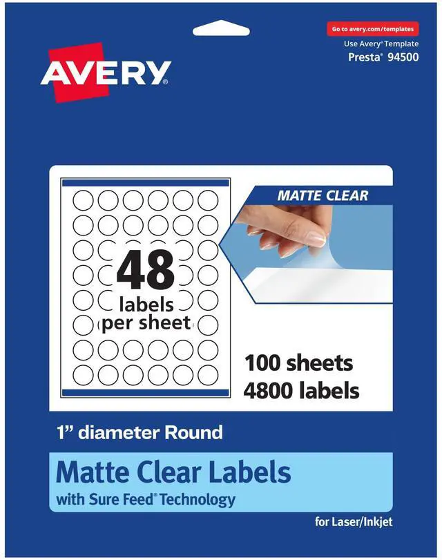 Main image of Matte Clear Round Labels, Sure Feed Technology, 1" Diameter, 4,800 Matte Clear Labels, Print-to-The-Edge, Laser/Inkjet Printable