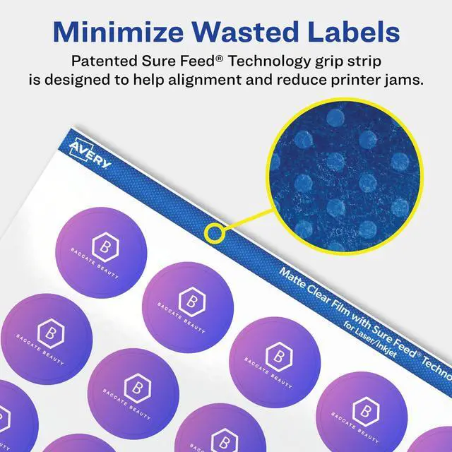 Alt view image 4 of 7 - Matte Clear Round Labels, Sure Feed Technology, 1" Diameter, 4,800 Matte Clear Labels, Print-to-The-Edge, Laser/Inkjet Printable