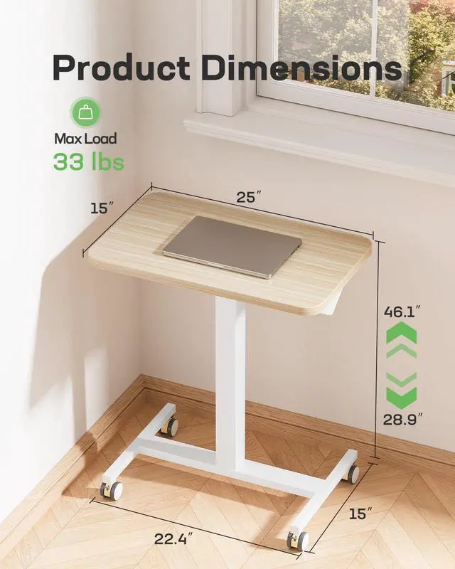 Alt view image 2 of 7 - Mobile Standing Desk, Wider Height Adjustable Computer Desk, Rolling Sit Stand Desk with 4 Lockable Wheels, Ergonomic Desk for Home Office and Classroom, Natural