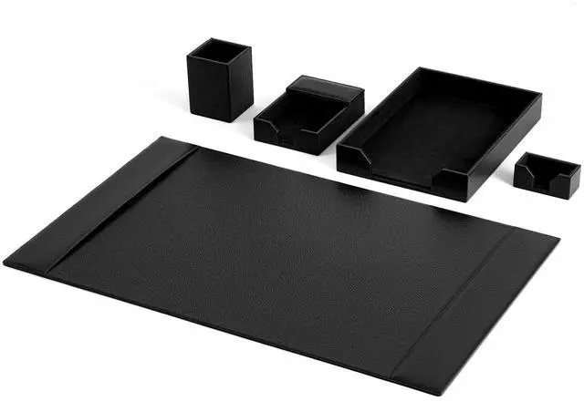 Main image of 5 Piece Leather Desk Pad Set with Side Rails 30"x18" Desk Blotter Protector, Letter Tray, Pen Cup, Sticky Note Clip, Name Card Holder, Executive Office Organizer Accessories Workplace(Black)