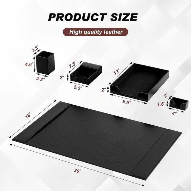 Alt view image 2 of 6 - 5 Piece Leather Desk Pad Set with Side Rails 30"x18" Desk Blotter Protector, Letter Tray, Pen Cup, Sticky Note Clip, Name Card Holder, Executive Office Organizer Accessories Workplace(Black)