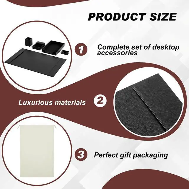 Alt view image 4 of 6 - 5 Piece Leather Desk Pad Set with Side Rails 30"x18" Desk Blotter Protector, Letter Tray, Pen Cup, Sticky Note Clip, Name Card Holder, Executive Office Organizer Accessories Workplace(Black)