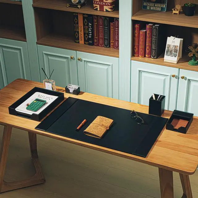 Alt view image 5 of 6 - 5 Piece Leather Desk Pad Set with Side Rails 30"x18" Desk Blotter Protector, Letter Tray, Pen Cup, Sticky Note Clip, Name Card Holder, Executive Office Organizer Accessories Workplace(Black)