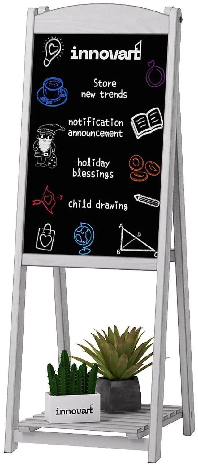 Main image of Magnetic A-Frame Chalkboard Sign, Sidewalk Sign 45" x 17" With Display Shelf, Free Standing Easel for Restaurant, Business, Wedding or Events, White