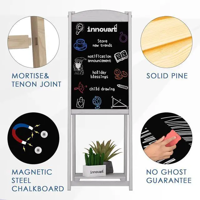 Alt view image 5 of 7 - Magnetic A-Frame Chalkboard Sign, Sidewalk Sign 45" x 17" With Display Shelf, Free Standing Easel for Restaurant, Business, Wedding or Events, White