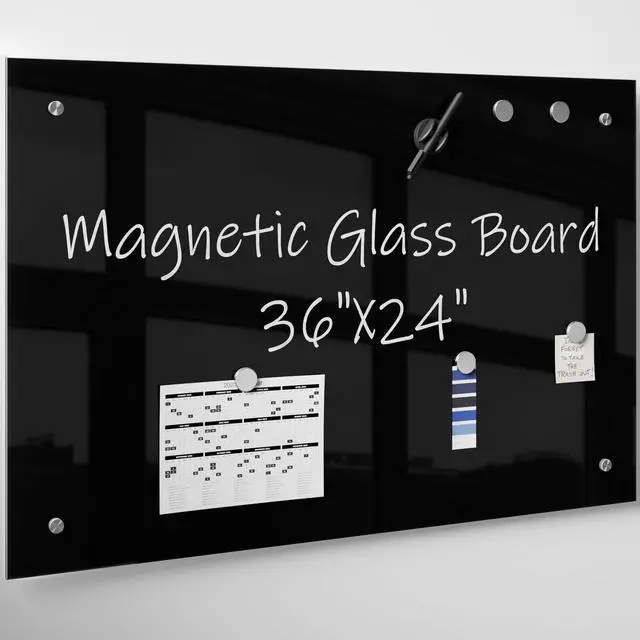 Main image of Black Magnetic Glass Whiteboard,36"×24" (3'x 2'),Glass Dry Erase Board,Black Frameless Surface, Includes Board, Magnets, 1 Marker and a Eraser,for Home and Office