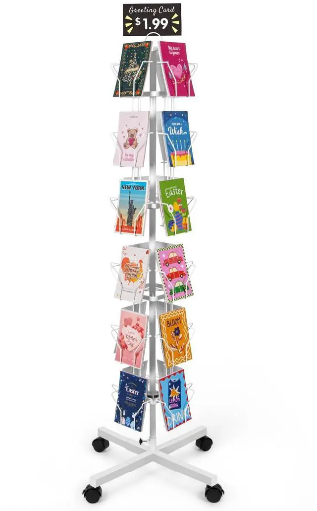 Main image of Greeting Card Display Stand Rotating Rack Holder | for Postcard Sticker Retail, Metal White, Large Size with 24 Display Pockets
