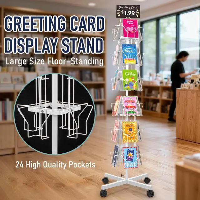 Alt view image 2 of 7 - Greeting Card Display Stand Rotating Rack Holder | for Postcard Sticker Retail, Metal White, Large Size with 24 Display Pockets