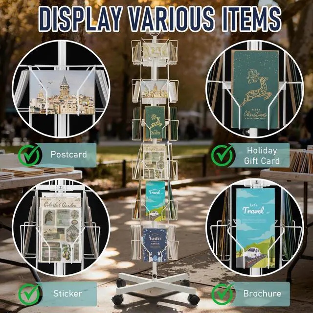 Alt view image 5 of 7 - Greeting Card Display Stand Rotating Rack Holder | for Postcard Sticker Retail, Metal White, Large Size with 24 Display Pockets