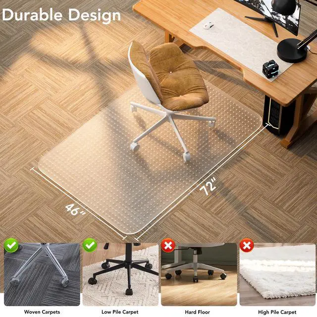 Alt view image 2 of 7 - Office Chair Mat for Low Pile Carpet with Lip, 46" x 72" Clear Plastic | Floor Protector Heavy Duty Desk Chair Mat for Rolling Chairs, Smooth Glide Computer Mat for Home Office
