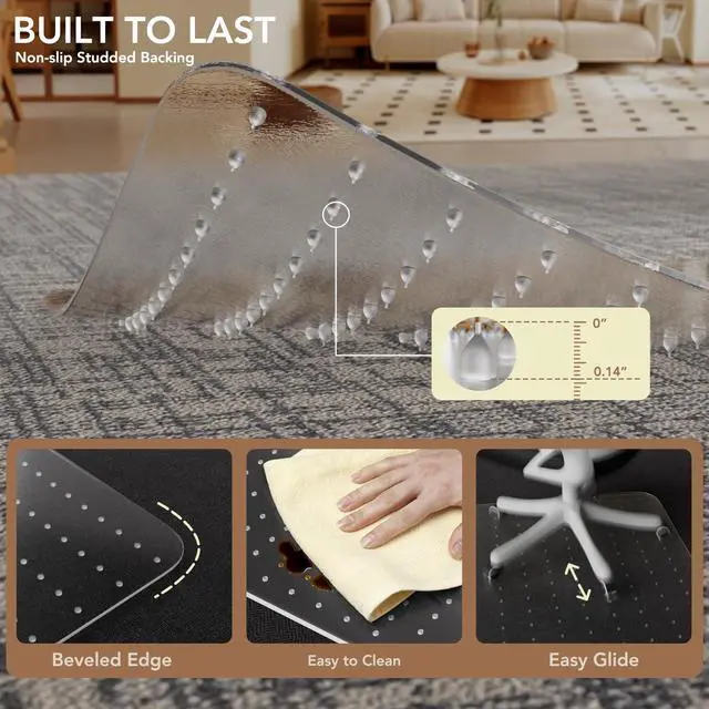 Alt view image 4 of 7 - Office Chair Mat for Low Pile Carpet with Lip, 46" x 72" Clear Plastic | Floor Protector Heavy Duty Desk Chair Mat for Rolling Chairs, Smooth Glide Computer Mat for Home Office