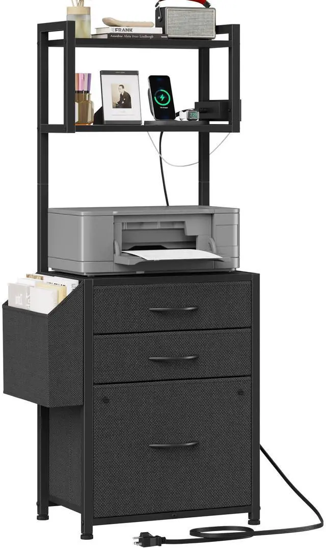 Main image of 3 Drawer File Cabinet with Charging Station, 45''H & 3-Tier | 11''D*16''W for Small Printer, Home Office & Bedroom, Fabric Drawer, Fits Letter/A4, Tall Size 45''H, Black