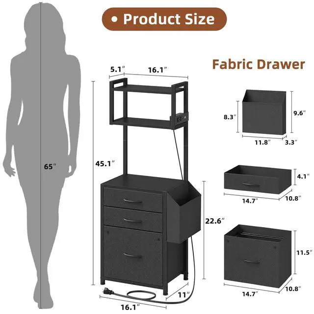 Alt view image 3 of 7 - 3 Drawer File Cabinet with Charging Station, 45''H & 3-Tier | 11''D*16''W for Small Printer, Home Office & Bedroom, Fabric Drawer, Fits Letter/A4, Tall Size 45''H, Black