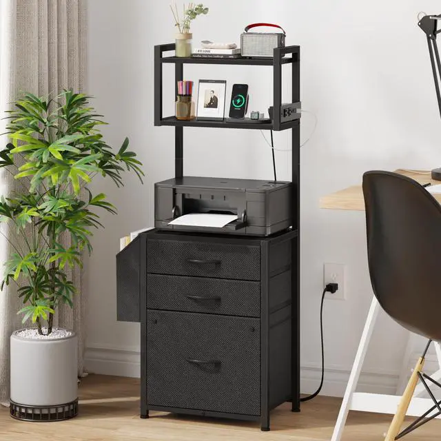 Alt view image 2 of 7 - 3 Drawer File Cabinet with Charging Station, 45''H & 3-Tier | 11''D*16''W for Small Printer, Home Office & Bedroom, Fabric Drawer, Fits Letter/A4, Tall Size 45''H, Black