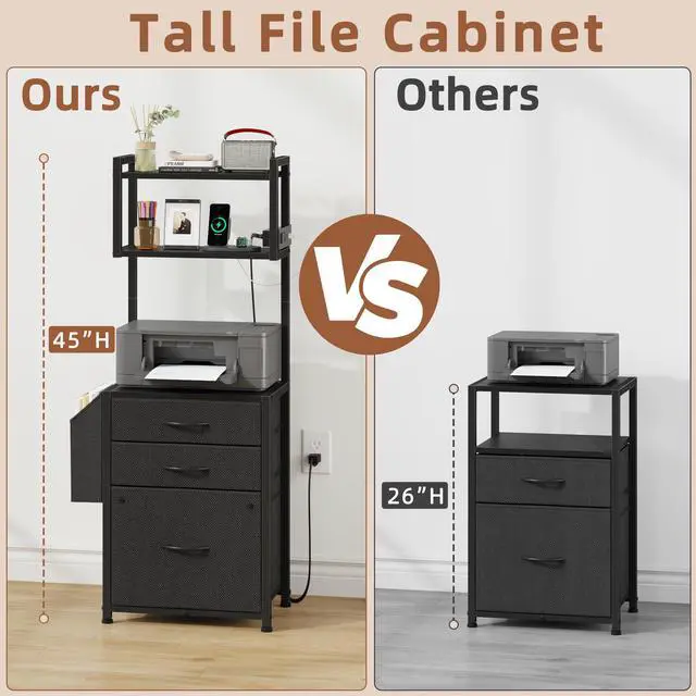 Alt view image 5 of 7 - 3 Drawer File Cabinet with Charging Station, 45''H & 3-Tier | 11''D*16''W for Small Printer, Home Office & Bedroom, Fabric Drawer, Fits Letter/A4, Tall Size 45''H, Black