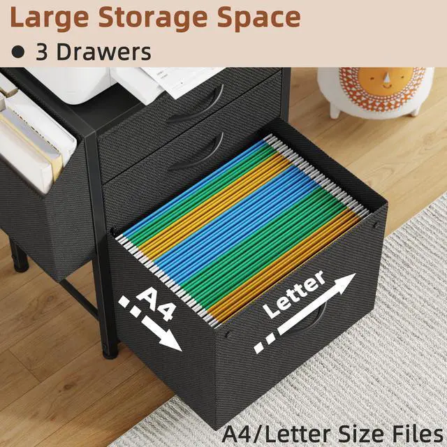 Alt view image 7 of 7 - 3 Drawer File Cabinet with Charging Station, 45''H & 3-Tier | 11''D*16''W for Small Printer, Home Office & Bedroom, Fabric Drawer, Fits Letter/A4, Tall Size 45''H, Black
