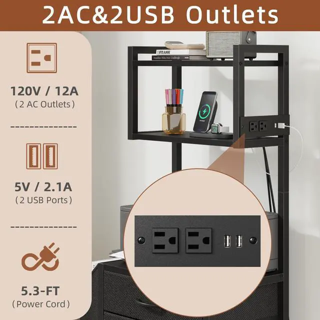 Alt view image 6 of 7 - 3 Drawer File Cabinet with Charging Station, 45''H & 3-Tier | 11''D*16''W for Small Printer, Home Office & Bedroom, Fabric Drawer, Fits Letter/A4, Tall Size 45''H, Black