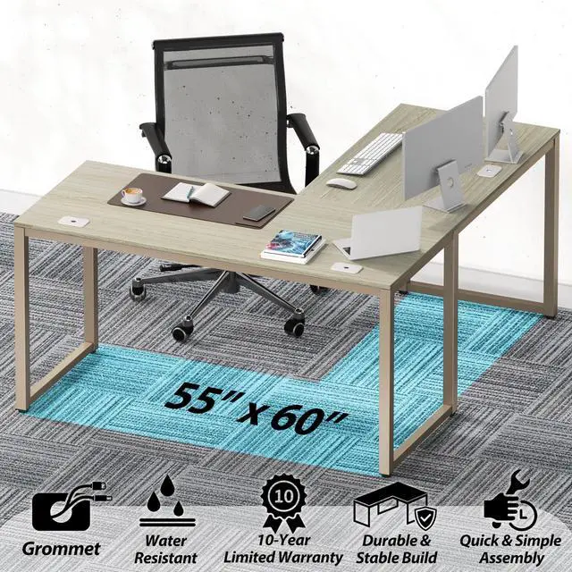 Alt view image 4 of 7 - 55 x 60 Commercial-Grade L-Shape Corner Office Computer Desk, Maple | 10-Year