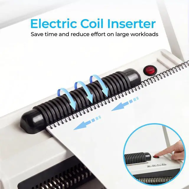 Alt view image 2 of 7 - Spiral Binding Machine with Electric Coil Inserter, 20-Sheet Manual Punch, 4:1 Pitch, 46 Fully Disengageable Pins for Versatile Binding - Binds up to 500 Sheets - Includes 100 Coils & Crimping Pliers