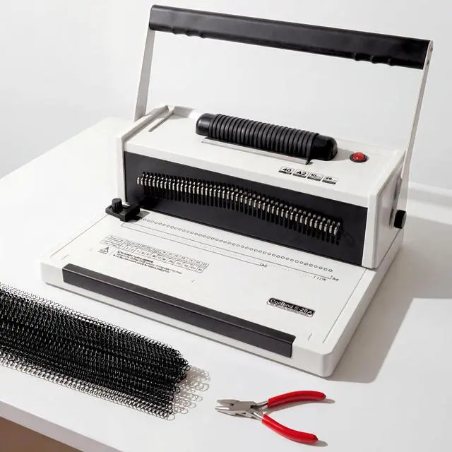 Main image of Spiral Binding Machine with Electric Coil Inserter, 20-Sheet Manual Punch, 4:1 Pitch, 46 Fully Disengageable Pins for Versatile Binding - Binds up to 500 Sheets - Includes 100 Coils & Crimping Pliers