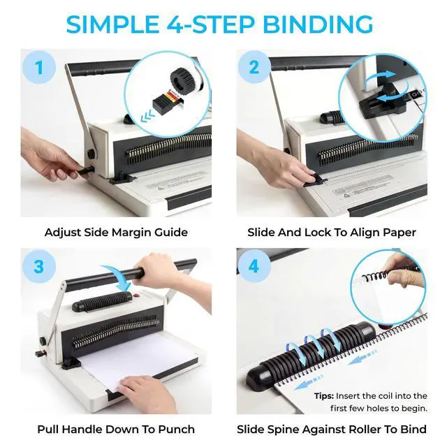 Alt view image 7 of 7 - Spiral Binding Machine with Electric Coil Inserter, 20-Sheet Manual Punch, 4:1 Pitch, 46 Fully Disengageable Pins for Versatile Binding - Binds up to 500 Sheets - Includes 100 Coils & Crimping Pliers