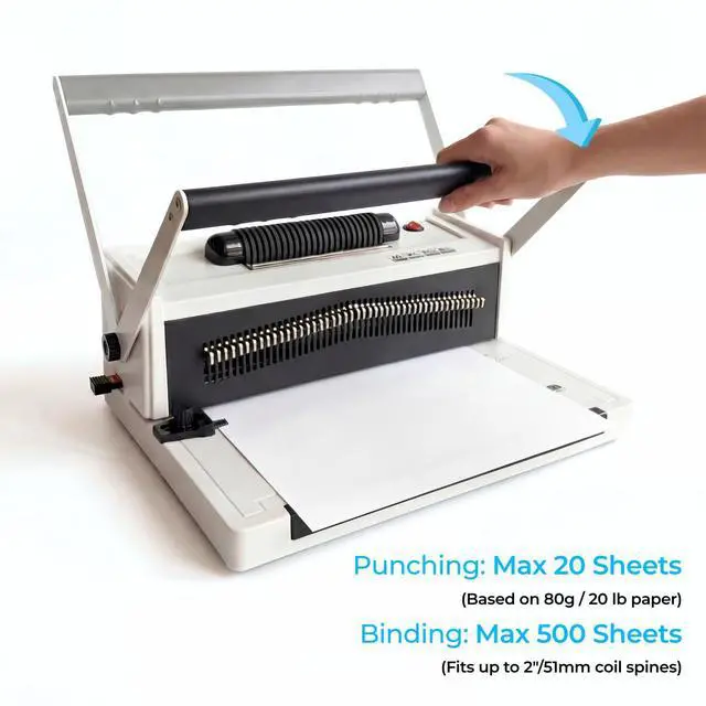Alt view image 6 of 7 - Spiral Binding Machine with Electric Coil Inserter, 20-Sheet Manual Punch, 4:1 Pitch, 46 Fully Disengageable Pins for Versatile Binding - Binds up to 500 Sheets - Includes 100 Coils & Crimping Pliers