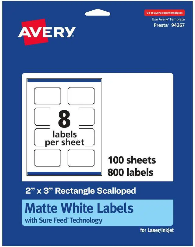 Main image of ® Matte White Scalloped Rectangle Labels, Sure Feed® Technology, 2" x 3", 800 Matte White Printable Labels