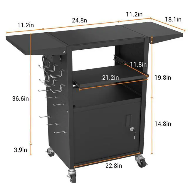 Alt view image 2 of 7 - Mobile AV Cart with Pullout Keyboard Tray, Rolling Computer Cart Height Adjustable Rolling Media Utility Cart with 4 Wheels
