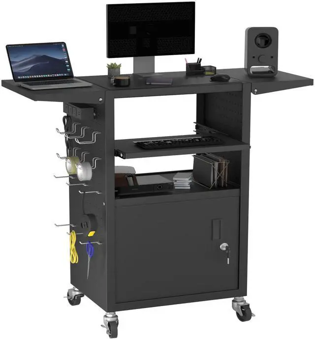 Main image of Mobile AV Cart with Pullout Keyboard Tray, Rolling Computer Cart Height Adjustable Rolling Media Utility Cart with 4 Wheels