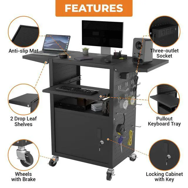 Alt view image 3 of 7 - Mobile AV Cart with Pullout Keyboard Tray, Rolling Computer Cart Height Adjustable Rolling Media Utility Cart with 4 Wheels