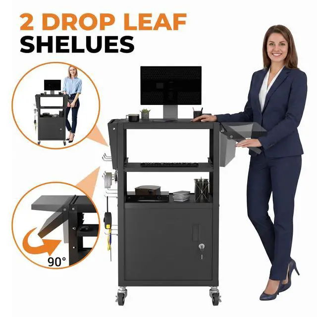 Alt view image 4 of 7 - Mobile AV Cart with Pullout Keyboard Tray, Rolling Computer Cart Height Adjustable Rolling Media Utility Cart with 4 Wheels