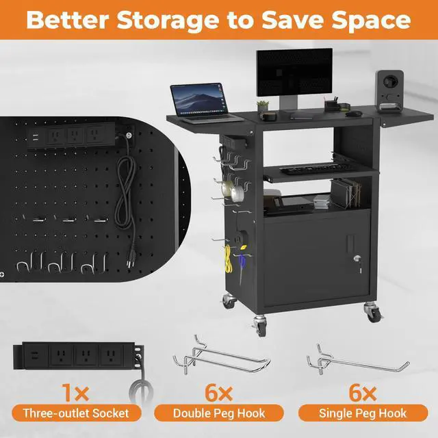 Alt view image 5 of 7 - Mobile AV Cart with Pullout Keyboard Tray, Rolling Computer Cart Height Adjustable Rolling Media Utility Cart with 4 Wheels