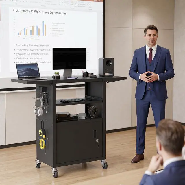 Alt view image 6 of 7 - Mobile AV Cart with Pullout Keyboard Tray, Rolling Computer Cart Height Adjustable Rolling Media Utility Cart with 4 Wheels