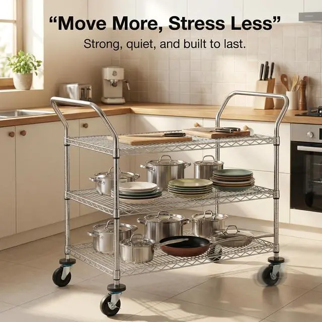 Alt view image 3 of 7 - 3-Tier Commercial Grade Rolling Cart, Heavy Duty Utility Cart with Wheels and Handles, Metal Kitchen Carts on Wheels with 600 lbs Capacity, Shelf Size 24" D x 40" W, NSF