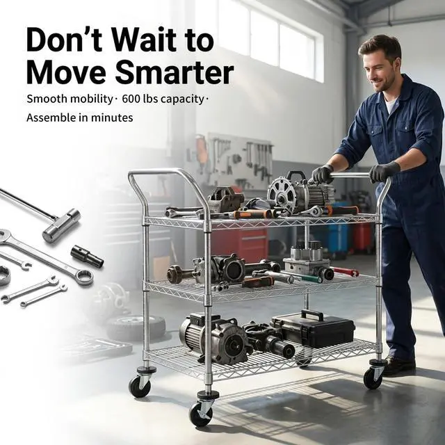 Alt view image 4 of 7 - 3-Tier Commercial Grade Rolling Cart, Heavy Duty Utility Cart with Wheels and Handles, Metal Kitchen Carts on Wheels with 600 lbs Capacity, Shelf Size 24" D x 40" W, NSF
