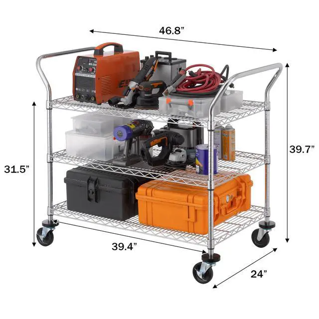 Alt view image 2 of 7 - 3-Tier Commercial Grade Rolling Cart, Heavy Duty Utility Cart with Wheels and Handles, Metal Kitchen Carts on Wheels with 600 lbs Capacity, Shelf Size 24" D x 40" W, NSF